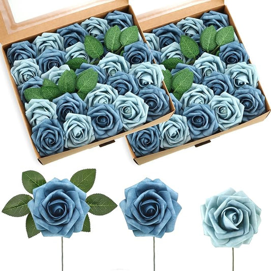 50 Pcs Artificial Foam Rose Flower Faux Bouquet Wedding Fake Rose Gift for Mother's Day Women DIY Bridal Shower Party Table Birthday Home Spring Decor (Blue Two Tone)