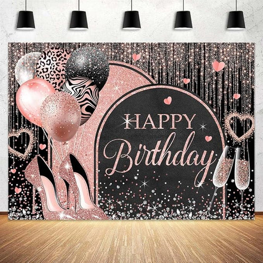 12x10ft Black Pink Rose Gold Happy Birthday Backdrop Party Decorations Glitter Balloon Birthday Party Backdrops for Women Girls Happy Birthday Banner Sweet 16 Photography Background Photo Booth