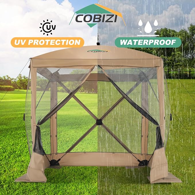 COBIZI 6x6 FT Pop up Gazebo, Popup Canopy Tent, Screened in Gazebos with sidewalls, Waterproof Portable Outdoor Small Screen Tents Sun Shelter,carpas para Patio for Camping, Garden and Backyard,Khaki