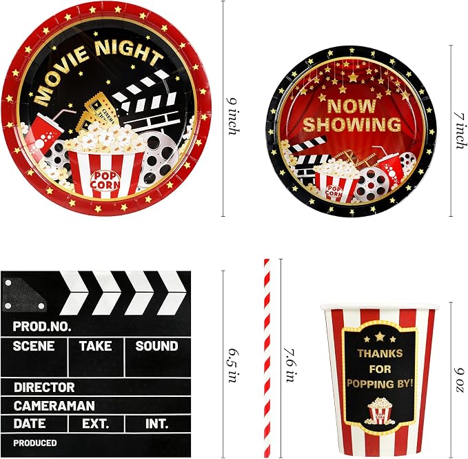 Recheel Movie Night Party Supplies Decorations, Movie Theme Birthday Paper Plates and Napkins Set with Cups and Straws for 24 Guests, 120 Pcs Disposable Party Snack Dinnerwares