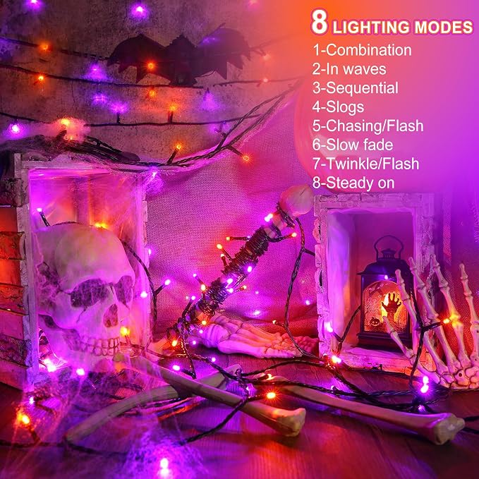 kemooie 500 LED Halloween Lights, 164FT 8 Lighting Modes Plug in Waterproof Fairy Lights for Outdoor Tree Party Garden Balcony Halloween Decorations (Purple and Orange)