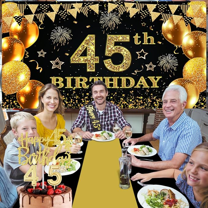 45th Birthday Decorations Men Women with 45th Birthday Banner, Black and Gold Table Cloth, Number Balloons, Large Sash, Cake Topper and Candles