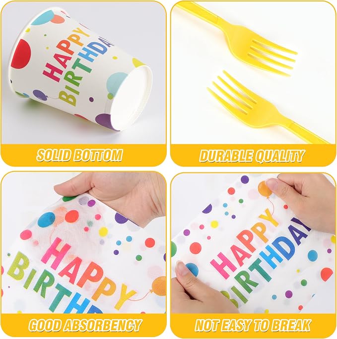 400 Pcs Disposable Birthday Party Tableware Set for 50 Guests | Heavy-Duty 7" & 9" Paper Plates, Cups, 13" Napkins & Plastic Cutlery, Rainbow Confetti "Happy Birthday" Party Supplies