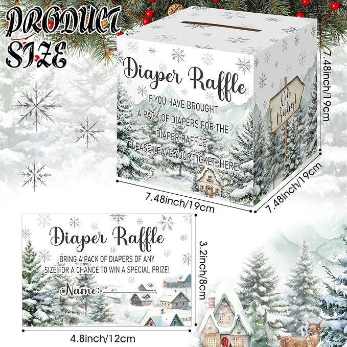 Teling 51 Pieces Diaper Raffle Tickets with Card Box Baby Shower Decorations Gender Reveal Holder Box for Girl Boy Diaper Raffle Party (Baby It's Cold Outside)