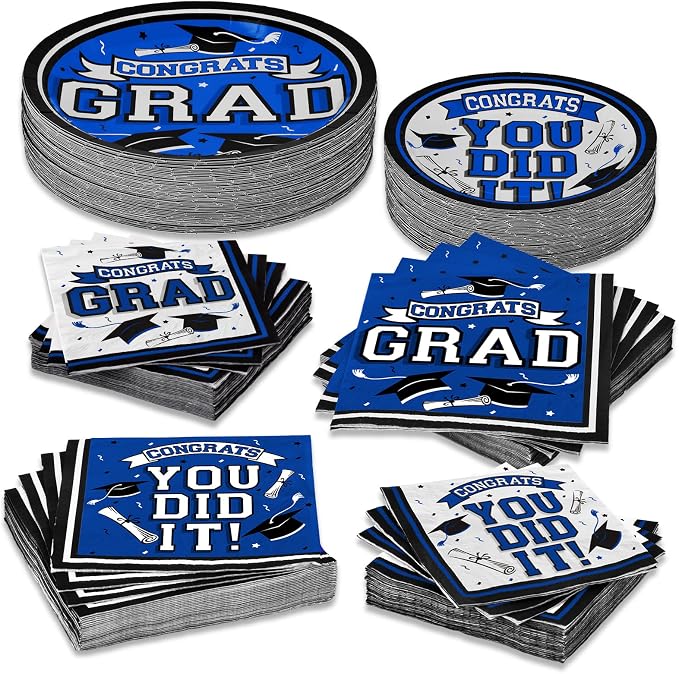 Graduation Party Supplies Dinnerware Set blue Disposable dinner paper plates dessert paper plates and Napkins for Congrats Grad Party Decorations, Serve 50