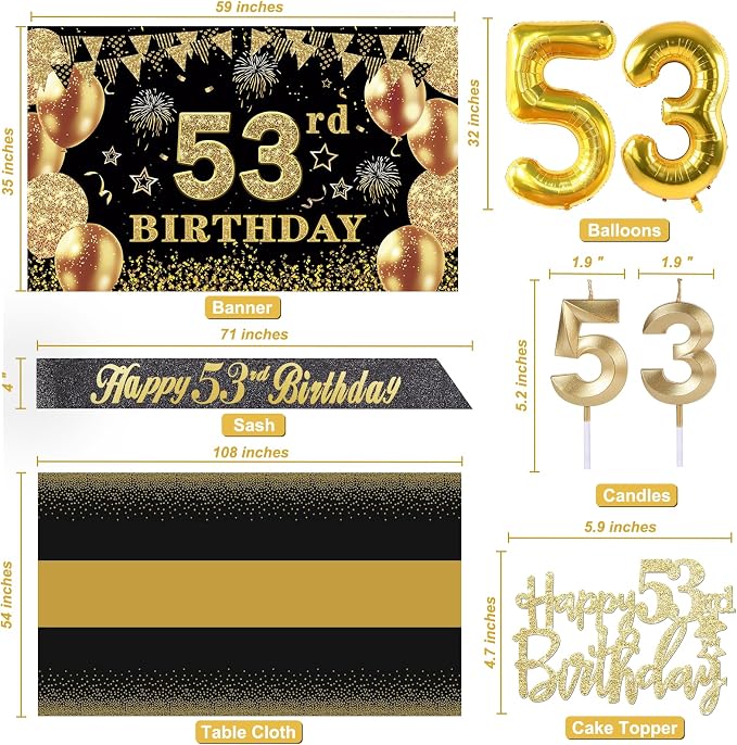 53rd Birthday Decorations Men Women with 53rd Birthday Banner, Black and Gold Table Cloth, Number Balloons, Large Sash, Cake Topper and Candles