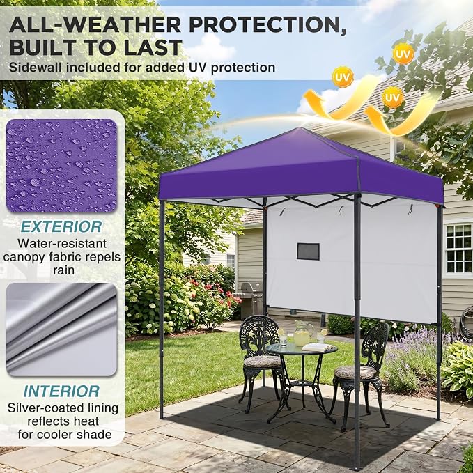 EAGLE PEAK 6x4 Instant Pop Up Canopy Tent with 1 Half Wall Panel, Straight Leg Sun Shelter, Portable Canopy with Carry Bag for Camping, Beach & Sports, Purple