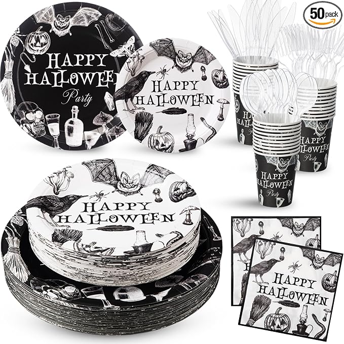 FillTouch 350 Pcs Happy Halloween Party Favor Vintage Halloween Decoration Disposable Tableware for 50 Guests 100 Pumpkin Skull Plates 50 Crows Bats Napkins 50 Cups 50 Sets Knives Fork Spoon