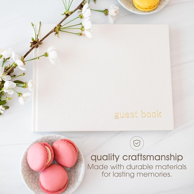 Pearhead Linen Guest Book, Ivory with Gold Script, Gender Neutral Event Keepsake, Graduation, Baby Shower or Wedding Bridal Shower Party Sign-In Book, 100 Blank Pages, 7 x 9
