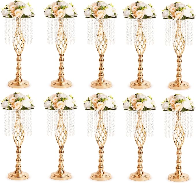 10pcs Gold Metal Flower Vases Crystal Flower Stand Wedding Centerpieces for Tables Party Dinner Event Restaurant Hotel Decoration