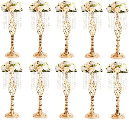 10pcs Gold Metal Flower Vases Crystal Flower Stand Wedding Centerpieces for Tables Party Dinner Event Restaurant Hotel Decoration
