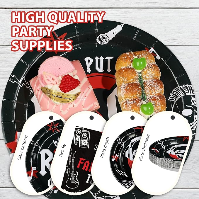 96Pcs Rock and Roll Party Decorations He Put A Rock On It Plates and Napkins Rock N Roll Tableware Sets for Boys Girls Bachelor Rockstar Guitar Music Theme Born to Rock Party Decorations Supplies