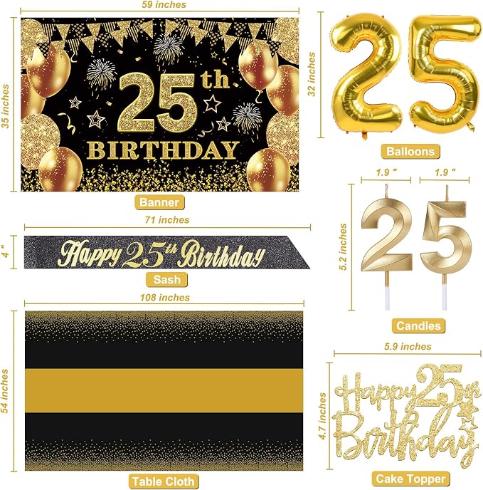 25th Birthday Decorations Men Women with 25th Birthday Banner, Black and Gold Table Cloth, Number Balloons, Large Sash, Cake Topper and Candles