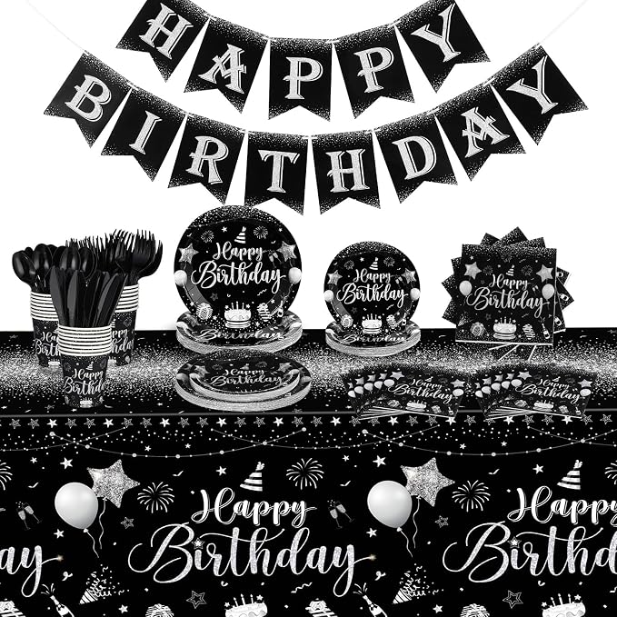 Vesici 171 Pcs Happy Birthday Party Supplies 24 Set Disposable Party Tableware include Plates Cups Napkins Cutlery and Banner Tablecloth Birthday Dinner Decorations for Men Woman(Black, Silver)