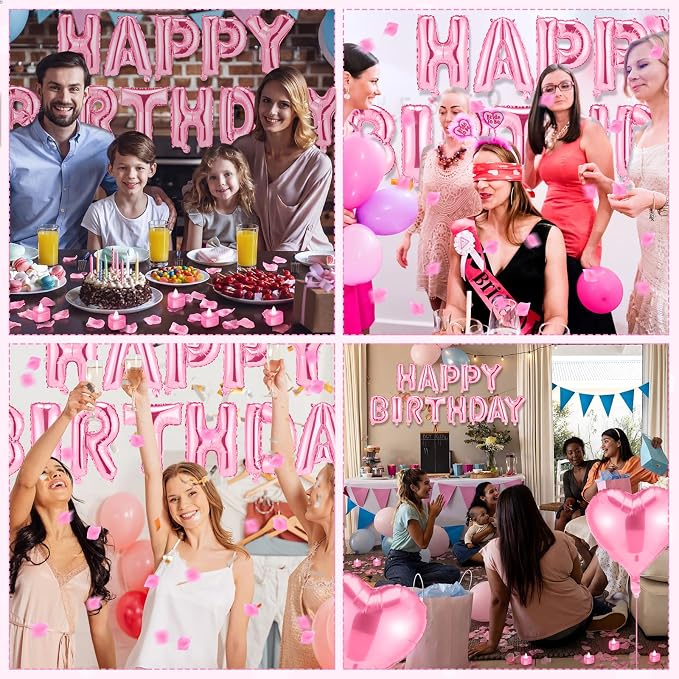 Pink Happy Birthday Balloons Decorations Happy Birthday Letter Balloons Banner Set with 24pcs Heart Flameless LED Candles and 2000pcs Artificial Rose Petals for Women Men Room Party Decor