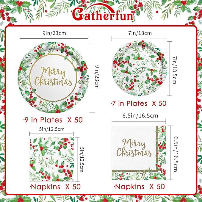 Christmas Party Supplies, Serve 50, Christmas Seasonal Holly Tableware Includes: Paper Dinner Plates, Dessert Plates, Luncheon Napkins and Beverage napkins, Great for Party Decorations (Pack of 2)