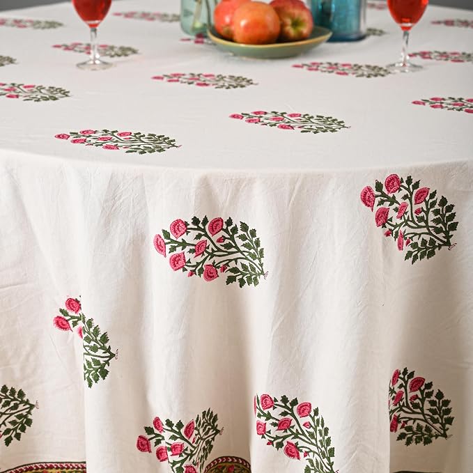 Hand Block Printed Tablecloth – Colorful Floral Print | 100% Cotton | Indian Artisan Handmade Art | Dining Room, Kitchen, Outdoor Décor, (Soft Petal Glow, 8 Seater 90 Inches Round)