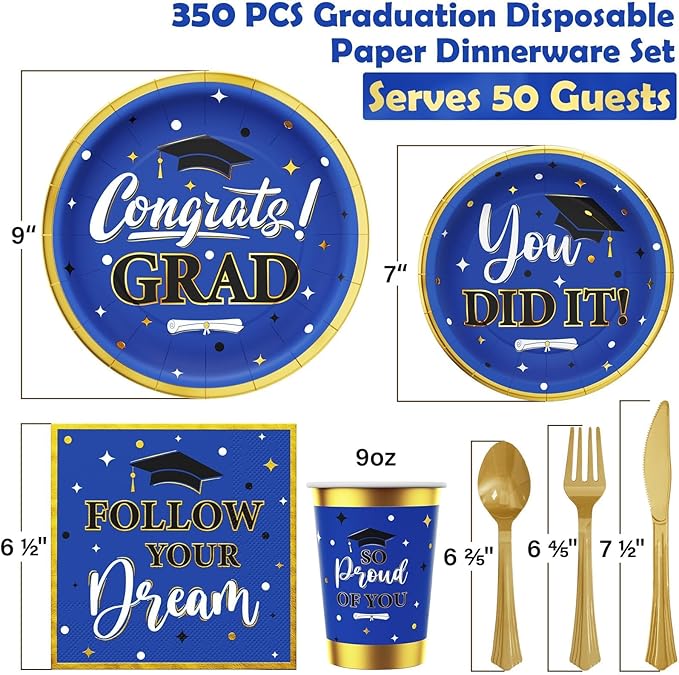 Ecomore Graduation Decorations Class of 2026, 350PCS Graduation Party Supplies Disposable Dinnerware(Serve 50) with Paper Plates Cup Napkin Fork Knife Spoon College High School Grad Decor(Blue & Gold)