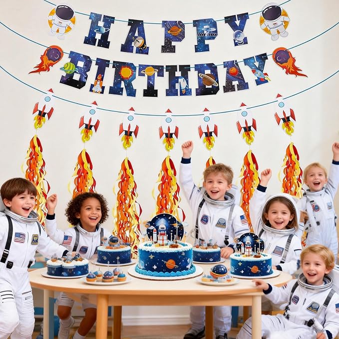 Space Themed Happy Birthday Party Decorations Include Happy Birthday Banner Astronaut Rocket and Tail of Fire Hanging Swirl Tassels Hanging Streamer Decor Space Party Decorations