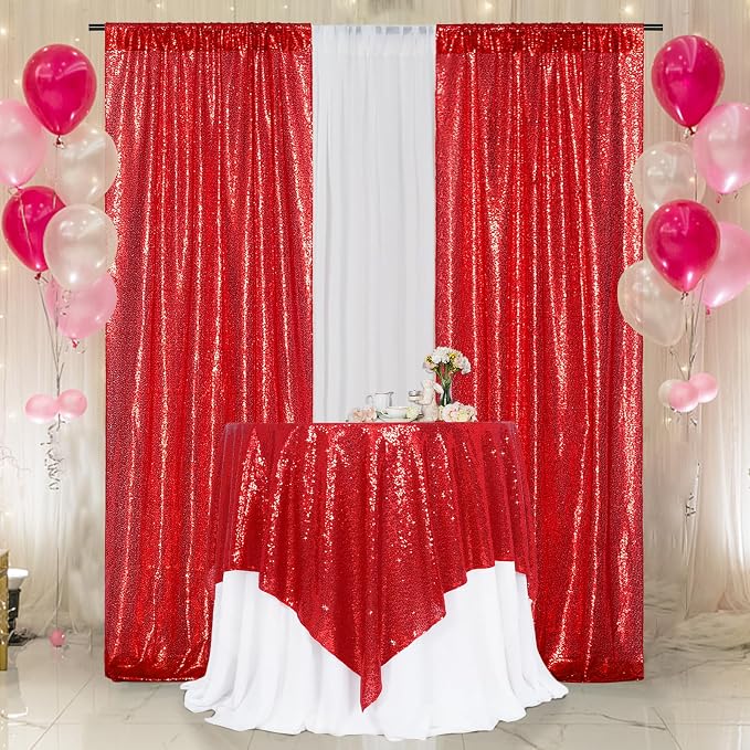 Poise3EHome Red Sequin Tablecloth 90×90 Inch Square Sequin Fabric Table Cover Overlay for Valentine Christmas Baby Shower Birthday Party Wedding Holiday Cake Table Decoration