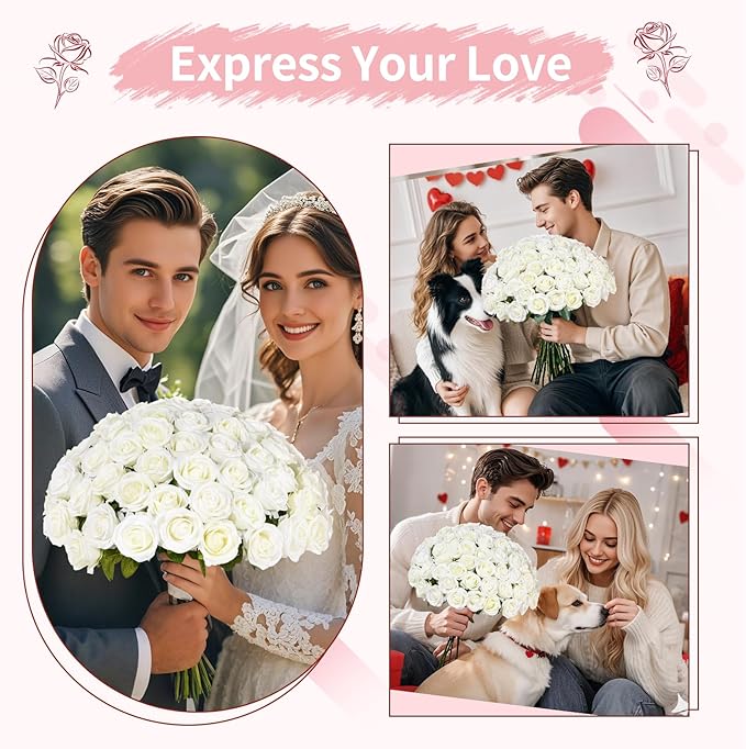 50 PCS White Roses Artificial Flowers, Fake White Roses Bouquet,White Artificial Silk Roses with Stems for DIY Wedding Flowers Decoration, Valentines Day, Home Decor, Bridal Bouquet Roses