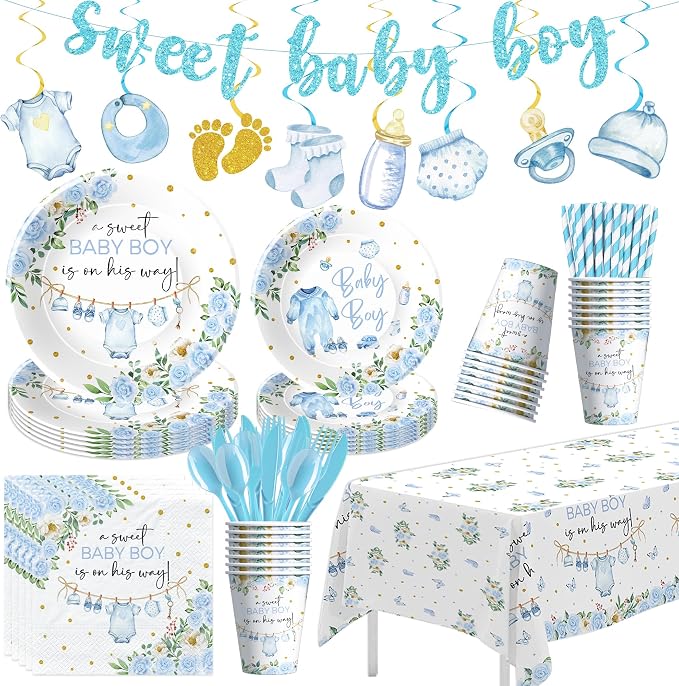 Srua Don Baby Boy Baby Shower Decorations, Blue Floral Sweet Baby Boy Party Supplies, Plate, Napkin, Cup, Tablecloth, Banner, Swirls, Cutlery, Boy Gender Reveal Table Decorations, Serves 24
