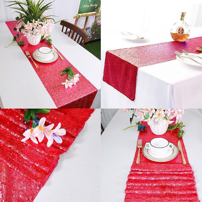 12 Packs 12 X 108 Inch Red Sequin Table Runner Glitter Dining Table Runner for Birthday Wedding Engagement Bridal Baby Shower Bachelorette Holiday Celebration Party Supplies Decorations (Red)