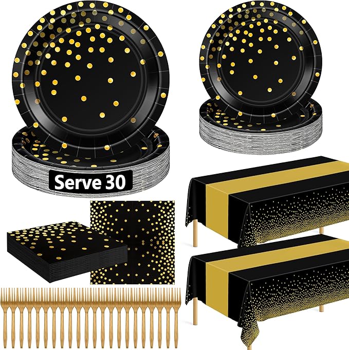QZYL 122 Pcs Black and Gold Plates and Napkins, Black Plates Disposable for Party, Golden Birthday Tableware Serves 30, Gold Dots Retirement Party Supplies with Plate, Napkin, Fork and Tablecloth