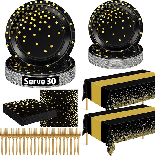 QZYL 122 Pcs Black and Gold Plates and Napkins, Black Plates Disposable for Party, Golden Birthday Tableware Serves 30, Gold Dots Retirement Party Supplies with Plate, Napkin, Fork and Tablecloth