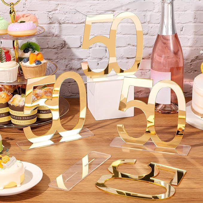 Threehoney 12 Pcs Mirror Gold 50th Birthday Decorations for Men and Women Acrylic Anniversary Decorations Table Numbers Centerpieces for Birthday Party