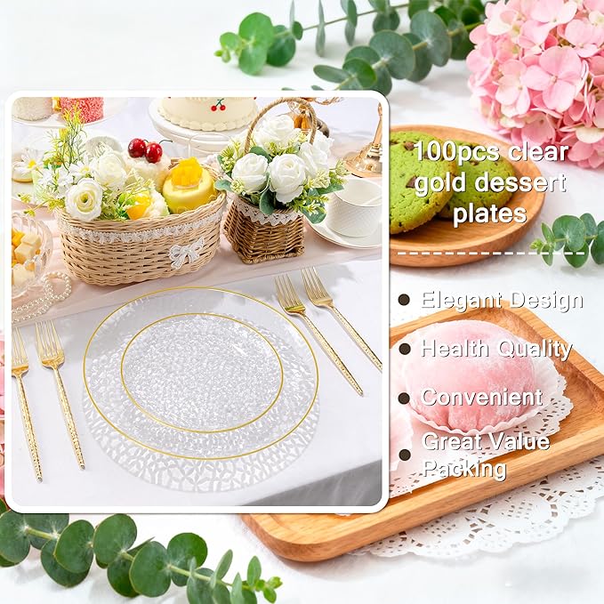 Rubtlamp 200 Pcs Clear Gold Dessert Plates 7" with Forks 7.6",Clear Plastic Hammered Platos, Dessert Plates Disposable, Heavy Duty Party Platos Include 100platos and 100forks for Party&Birthday