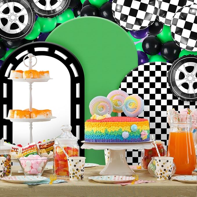 Foilswirl 34 Pcs Arch Backdrop Covers Monster Truck Party Decorations 4ft 5ft 6ft Monster Truck Checkered Backdrop with Green Purple Black Balloon Backgrounds for Birthday Party Supplies