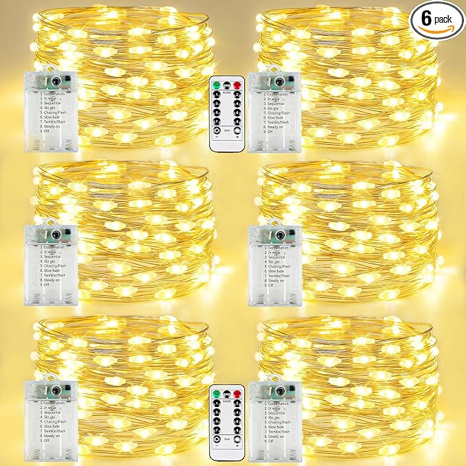6 Pack Fairy Lights Battery Operated with Remote Control Timer, 26 FT 80 LED String Lights Outdoor Indoor, 8 Mode Twinkle Lights for Christmas Party Wedding Birthday Bedroom Decorations (Warm White) | Each 80LED 26FT, 8 Modes, Timer & Memory, Waterproo...