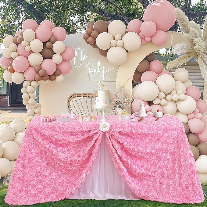 Fanqisi Baby Shower Tablecloth 50x102 Inches Pink Tablecloth Rectangle Satin Overlay Rosette Tablecloth 3D Floral for Wedding Party Event