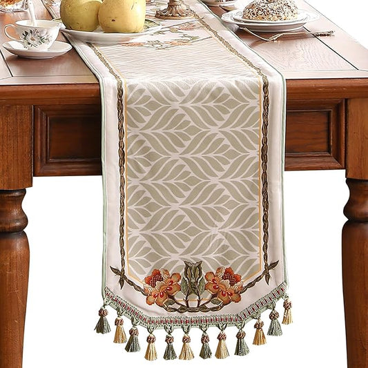 patdrea Designer French Floral Extra Long Velvet Table Runner 118 Inch Long,Green Orange Blossoms Pattern Table Mat, Decor for Kitchen Dining Coffee Table Cabinet Banquet Thanksgiving,12"*118"
