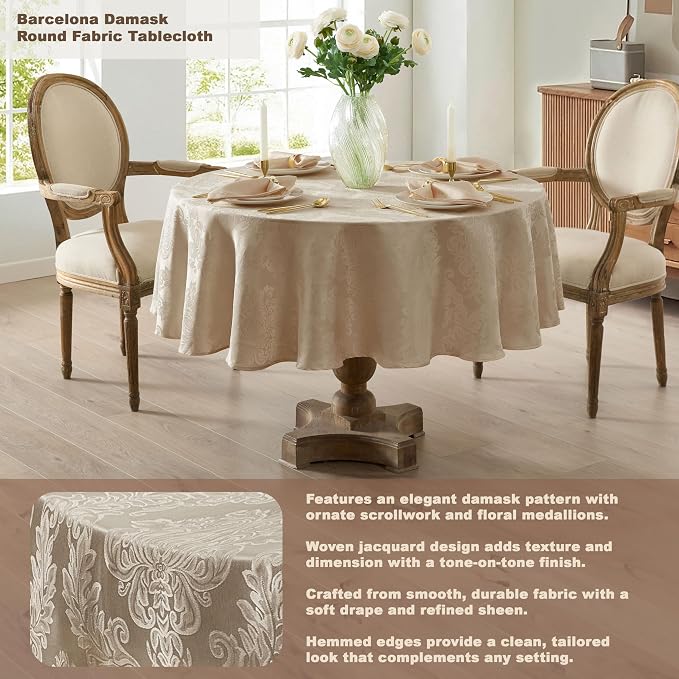 Newbridge Barcelona Luxury Damask Fabric Tablecloth, 90” Round, Golden Beige, 100% Polyester, No Iron, Soil Resistant Dining Room, Party and Banquet Table Cover