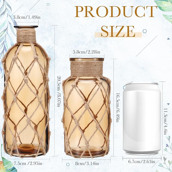 Chuangdi Set of 2 Coastal Glass Vases for Flowers TSITP Flower Vase with Boho Rope Small Sea Glass Jar Nautical Beach Bottle for Wedding Table Centerpieces Floral Arrangement Decor(Light Brown)
