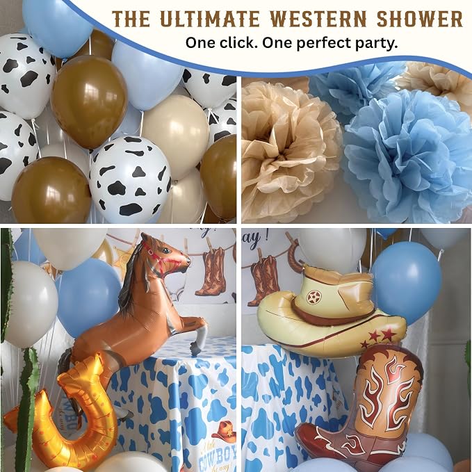 Premium Cowboy Baby Shower Decorations for Boy, A Little Cowboy is on the Way Decorations, Western Baby Shower Decor with Backdrop, Balloons, Banner, Table Decor, Sash, Photo Props, and More