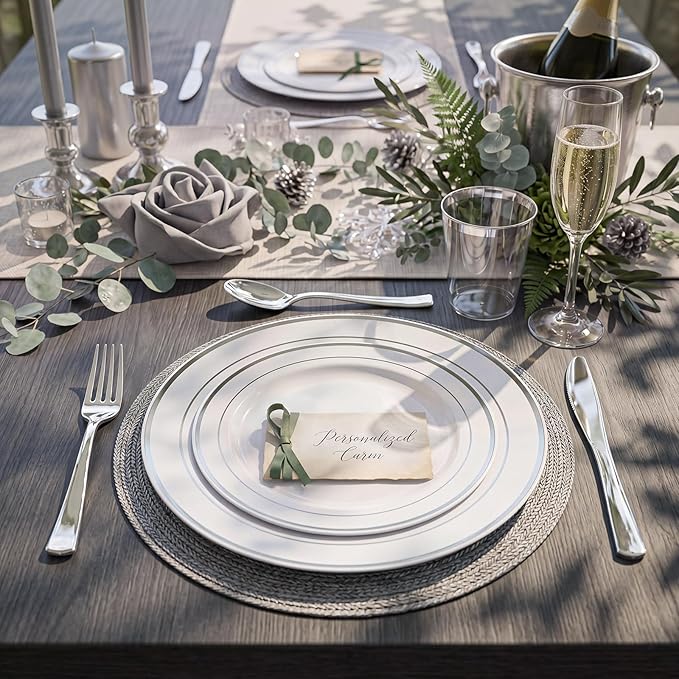 WDF 120PCS Plastic Plates White Silver Rim - Disposable Plates including 60PCS for Dinner 10.25inch, 60 Salad/Dessert Plates 7.5inch Heavy Duty Wedding Party Birthday