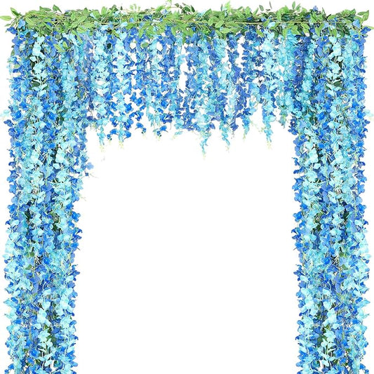 Thiccywoov 12pcs Wisteria Artificial Flowers Garland, 7.2Ft/Piece Wisteria Hanging Flowers Garland for Wedding Arch Decoration Outdoor Ceremony Home Backdrop Garden (Light Blue,Dark Blue)