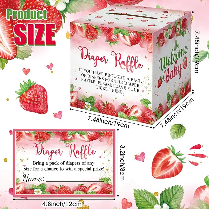Teling 51 Pieces Diaper Raffle Tickets with Card Box Baby Shower Decorations Baby Shower Holder Box for Girl Boy Diaper Raffle Party(Strawberry)