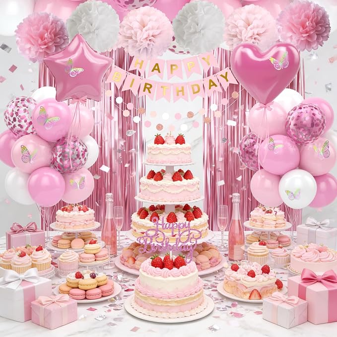 Pink White Birthday Party Decorations 12INCH Light Pastel Pink Confetti Balloons Happy Birthday Banner Cake Topper Fringe Curtain Paper Pom Poms Butterfly Sticker 18INCH Heart Star Foil Girls Women