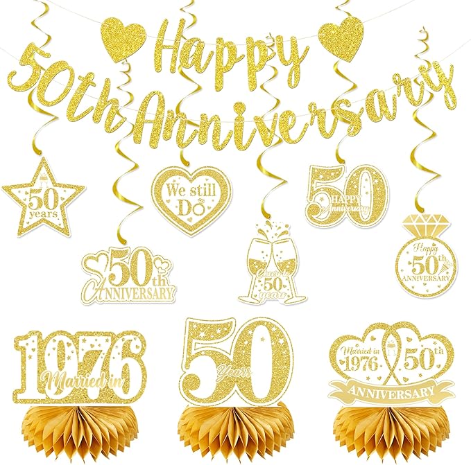 Holkcog White Gold 50th Anniversary Decorations, Gold Glitter Happy 50th hang Banner, Hanging Swirls,Honeycomb, Cheers to 50 Years Party Supplies，50 Years Anniversary Party Decorations