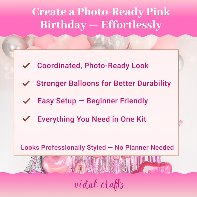 Vidal Crafts Pink Birthday Decorations – 71-Piece Happy Birthday Decorations with Latex, Foil & Confetti Balloons, Happy Birthday Banner & Foil Fringe Curtains for Fun Birthday Parties