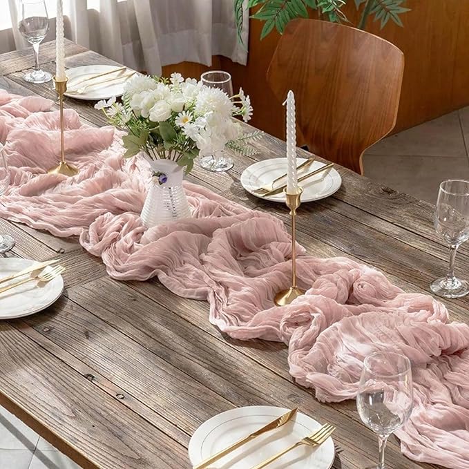 8 Pack Dusty Pink Valentine's Day Cheesecloth Table Runner 21x120 Inch Gauze Table Runners Reusable Polyester 10ft Boho Rustic Cheese Cloth Table Runner for Wedding Party Baby Shower Birthday