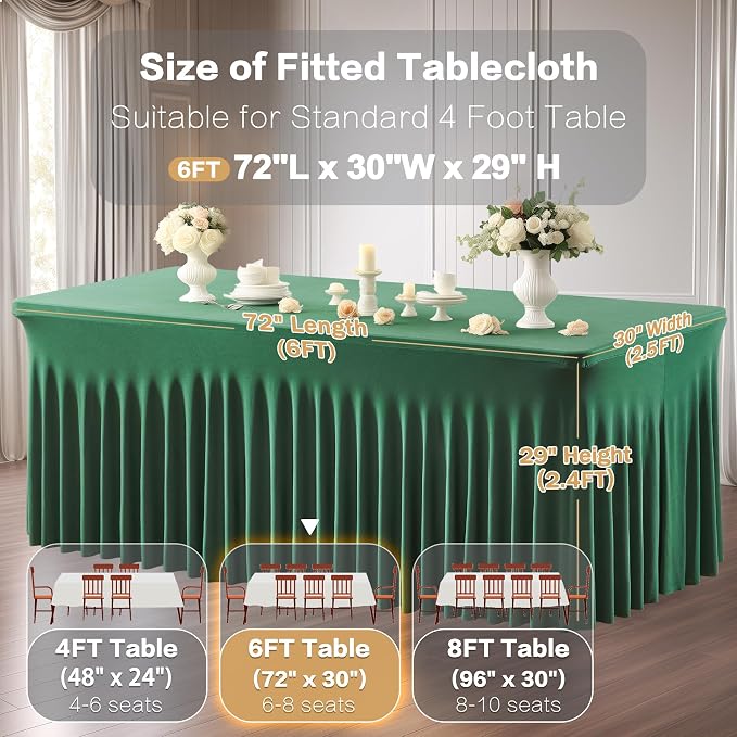 Shillance 6 Packs Green Spandex Table Clothes for 6 Foot Rectangle Table, Spandex Table Covers 6FT Stretch Table Skirts Wrinkle Free Fitted Table Cloth for Easter, Wedding, Banquet & Parties