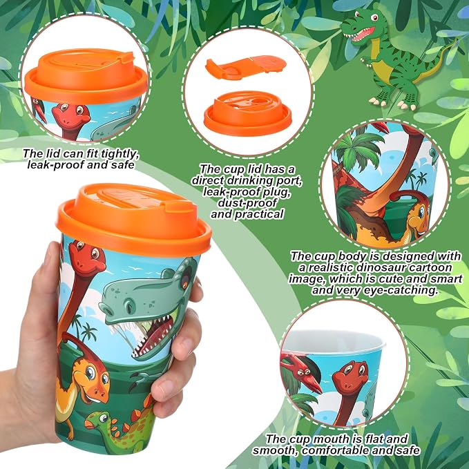Maxcheck 16 Sets 16 oz Dinosaur Party Favors Goodie Cups with Colorful Lids and Straws for Birthday Decorations Reusable Plastic Candy Cups Bulk Plastic Straws for Birthday Party Celebration Gifts