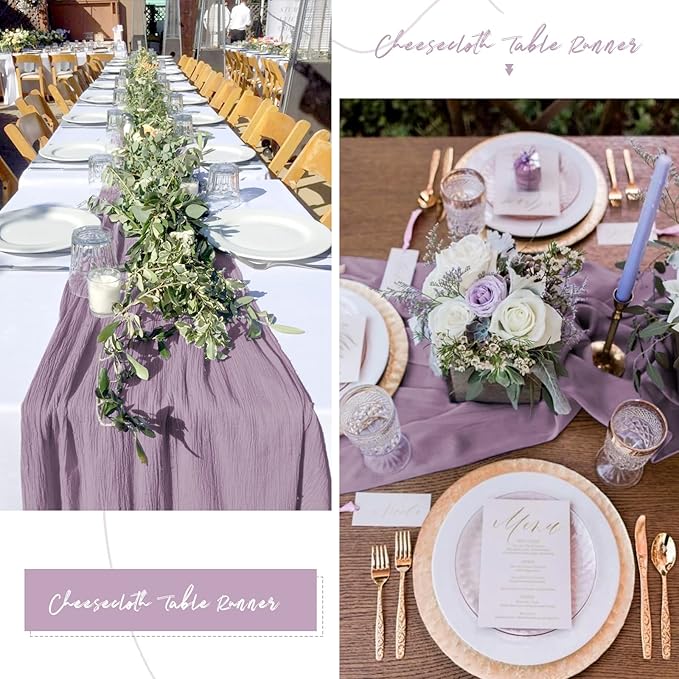 Showgeous 6 Pack Purple Cheesecloth Table Runner, 10FT Long Semi-Sheer Boho or Rustic Gauze Table Runner Wedding Table Decor for Wedding Decor Arch Draping Bridal Shower Holiday Party