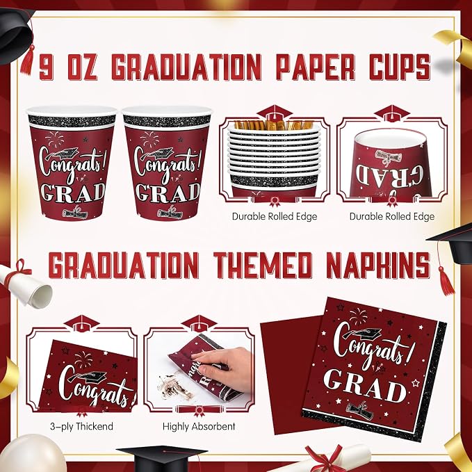 Domensi 400 Pcs 2026 Graduation Decorations Plates and Napkins and Cups Set Serve 50, Maroon and Gold Graduation Party Supplies, Class of 2026 Paper Tableware 9oz Cup Knife Fork Spoon Congrats Grad