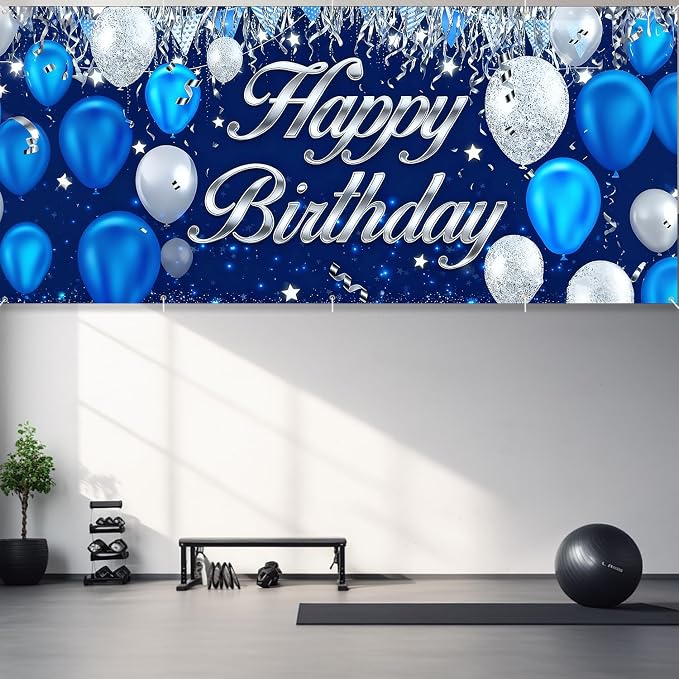 Happy Birthday Garage Door Banner Backdrop 7x16ft Waterproof - Blue&Silver Balloon Banner for Adult Party Decor,Men Women Outdoor Indoor Photo Background